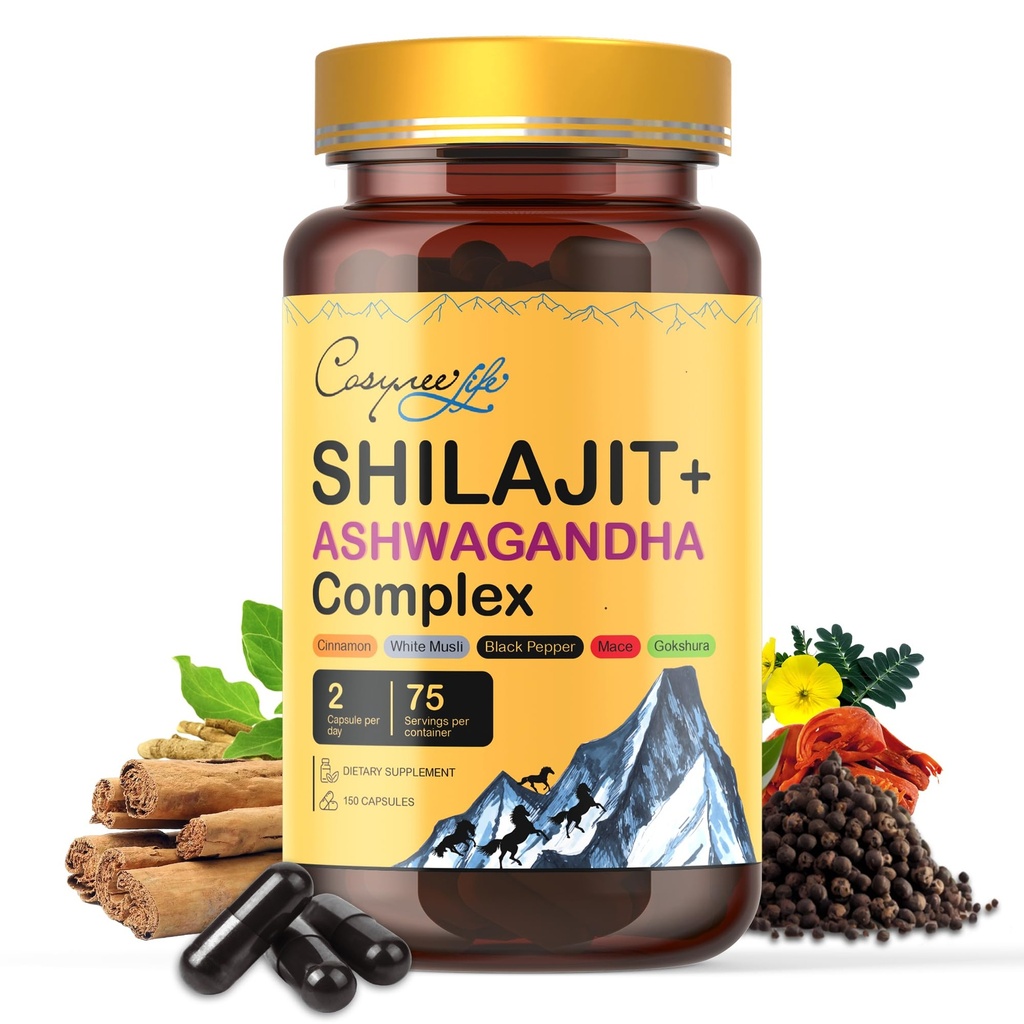 Himalaya Shilajit- Kompleks with Ashwagandha, Mace, Gokshura, Cinnamon & Piperine | Enerji, Vitality & 85+ Trace Minerals, Erkekler için Shilajit, Kadınlar için Shilajit, Düzenli Dose - 150 Capsules