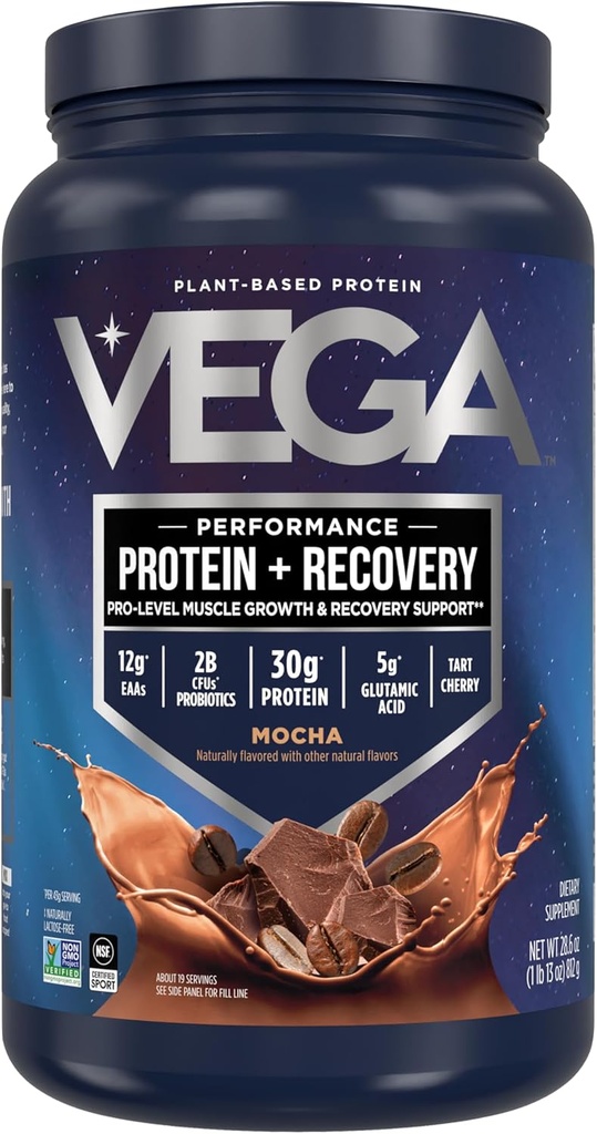 Vega Sport Vegan Protein Toz + Recovery - 30g Plant bazlı proteinler, Mocha, 19 Hizmetler, 5g BCAAs, Probiyotikler, NSF sertifikalı, For Shakes & Smoothies, 1.8lbs (Pazarlama)