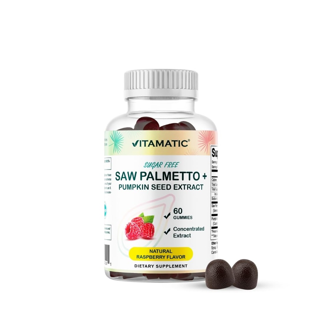 Vitamatic Sugar-Free Saw Palmetto with Broken Seed - 3000 mg Arama başına Eşdeğer - Doğal Raspberry Flavor – 60 Gummies
