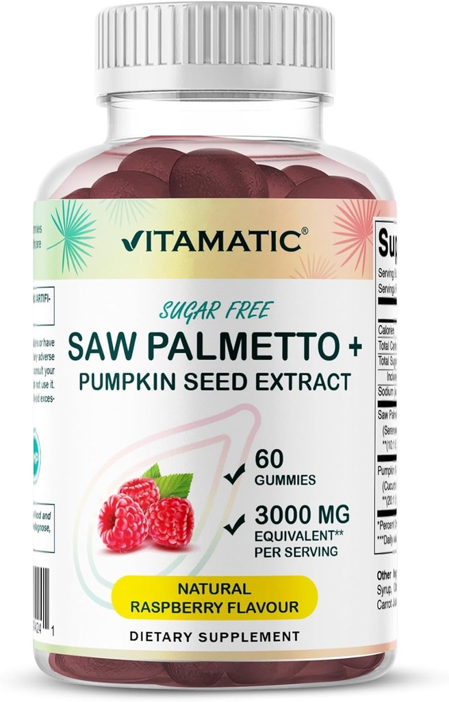 Vitamatic Sugar-Free Saw Palmetto with Broken Seed - 3000 mg Arama başına Eşdeğer - Doğal Raspberry Flavor – 60 Gummies
