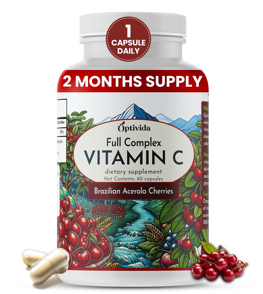 OPTIVIDA Plant Temel Doğal Makola Cherry Vitamin C Capsules | 60 Kont | Organik Vitamin C | Immune Desteği için Ascorbik Asit Vegan Supplement, Sağlıklı Skin & Ortaklar