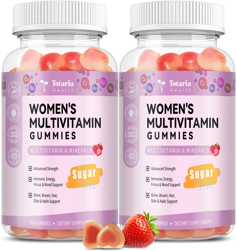 Totaria Sugar Free Multivitamin Gummies for Women 14+ w/Inositol, Iron, Folate, Biotin, Womens Daily Multivitamin Gummy w/Vitamin A, D, C, B, Support Hair, Skin, Energy, Immune, Strawberry Flavorol