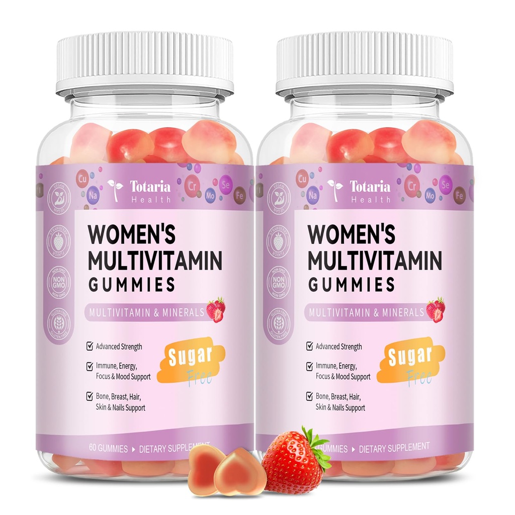 Totaria Sugar Free Multivitamin Gummies for Women 14+ w/Inositol, Iron, Folate, Biotin, Womens Daily Multivitamin Gummy w/Vitamin A, D, C, B, Support Hair, Skin, Energy, Immune, Strawberry Flavorol