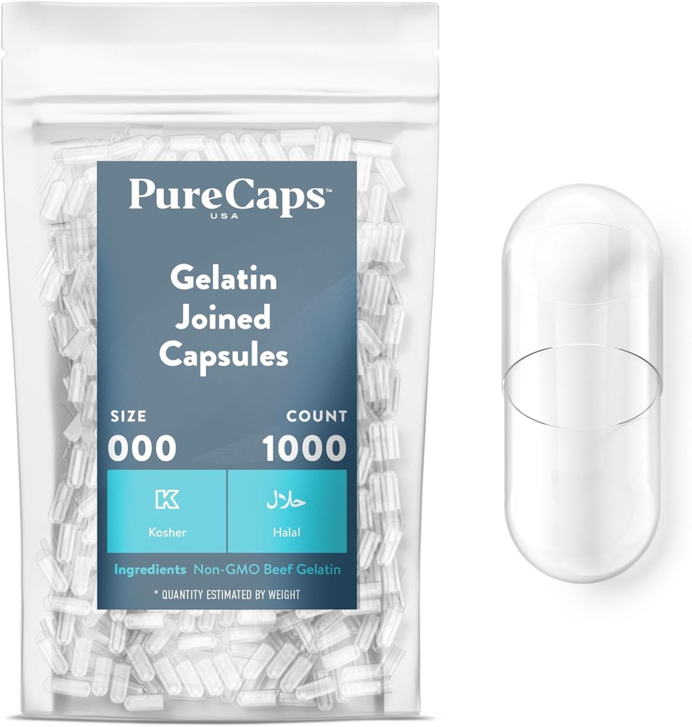 PureCaps USA - Boş Gelatin Pill Capsules Boyutu 000 | 1.000 Katılılmış Pills| Clear| Non-GMO sertifikalı | SLS, Gluten, Preservative Free Free
