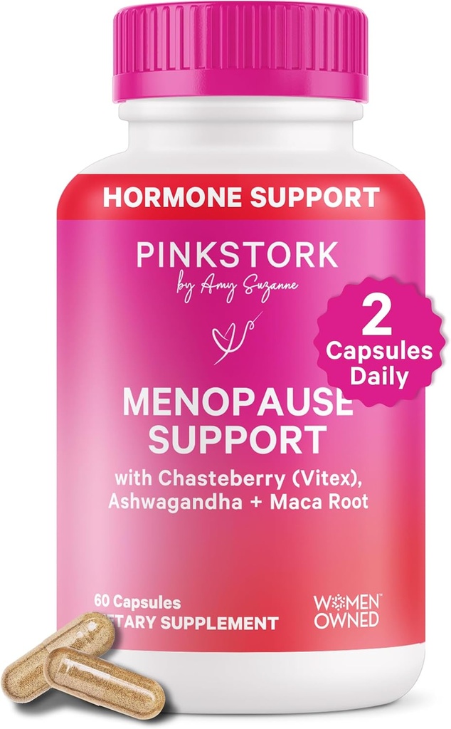 Pembe Stork Menopause Kadınlar için Destek - Hot Flash, Mood, Sleep, Kilo, Cortisol & Hormonal Denge - Vegan, Estrogen-Free Perimenopause Relief - Ashwagandha, Maca - 60 Capsules
