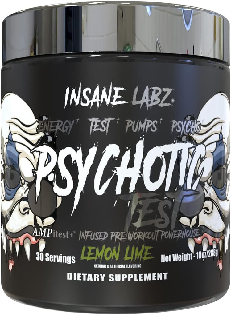 Insane Labz Psychotic Test, High Stim testosteron Energy ve Pump Boosting Pre-Workout Toz with DMAE Bitartrate, D Aspartic Acid, Kretine HCL ve Glycerol Monostearate, 30 Hizmet, Limon Lime Lime Lime