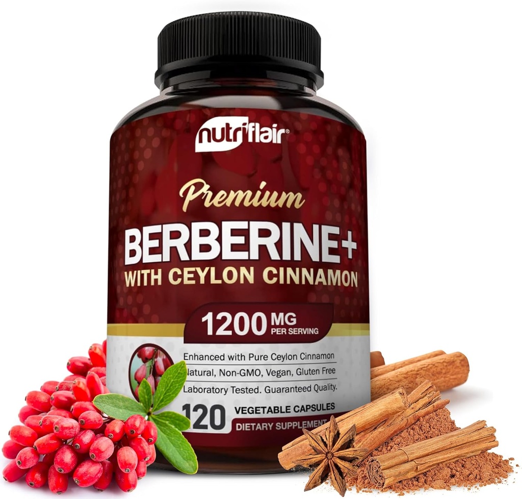 NutriFlair Premium Berberine HCL 1200 mg, 120 Capsules - Plus Pure True Ceylon Cinnamon, Berberine HCI Root Supplements Pills - Immune System - Re Optimal 8% HCl