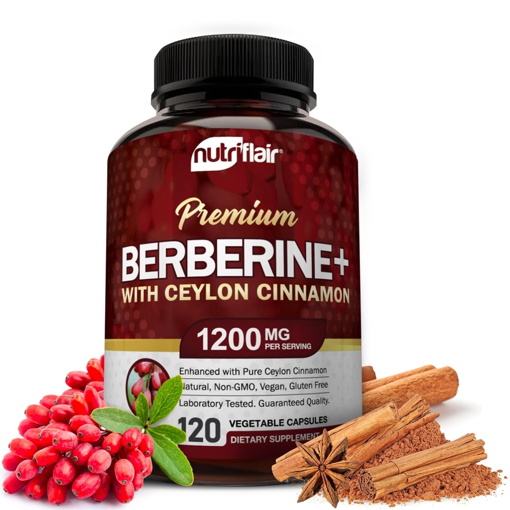NutriFlair Premium Berberine HCL 1200 mg, 120 Capsules - Plus Pure True Ceylon Cinnamon, Berberine HCI Root Supplements Pills - Immune System - Re Optimal 8% HCl