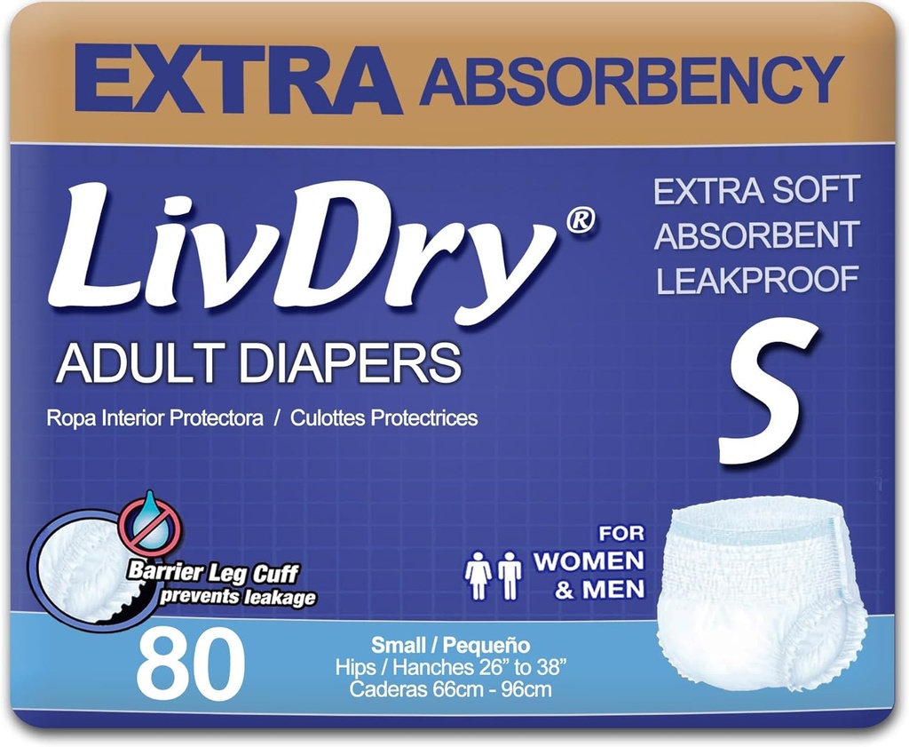 LivDry Adult Incontinence Underwear, Ekstra Absorbency Adult Diapers, Leak Protection, Small, 80-Pack