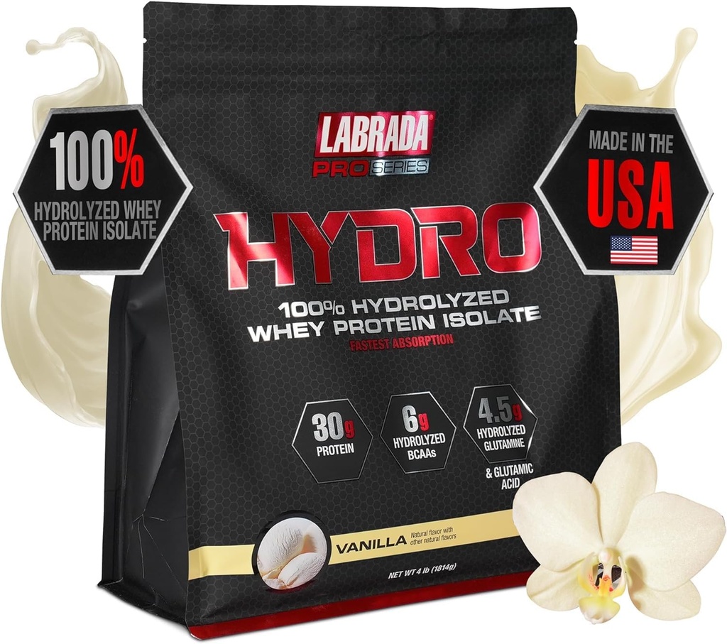 LABRADA Hydro 100% Pure Hydrolyzed Whey Protein Isolate Toz, Lactose Free, Glutamine, En Hızlı Digesting Whey kullanılabilir, Instant Mix, Delicious Taste 48 Services 4lb (Vanilla)
