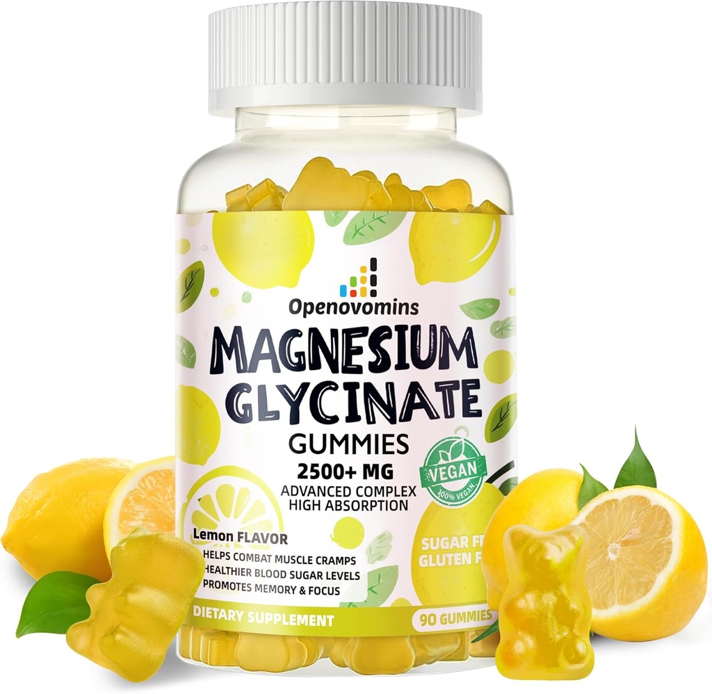 Magnesium Glycinate Gummies 2500mg - Sugar Free Magnesium Potassium Supplement with Vitamin D, B6, CoQ10 for Calm Mood & Sleep Support - 90 Lemon Gummies