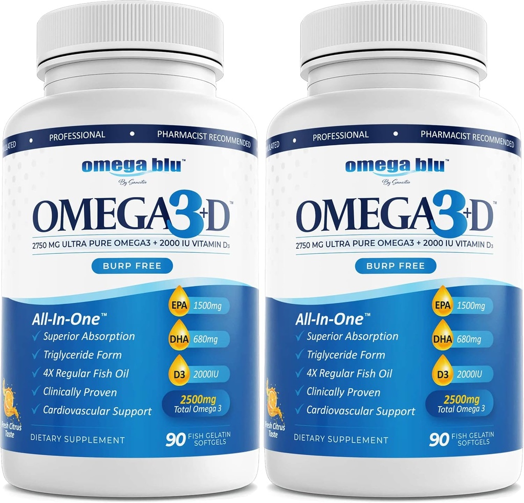 Triple Strength Pharmaceutical Grade Fish Oil 2750 mg - Vitamin D3 50mcg - 1500 mg EPA - 680 mg DHA - Kalp - Cholesterol - LDL - HDL - Hayır Burps veya Heartburn - High Concentration - 90 Servisler