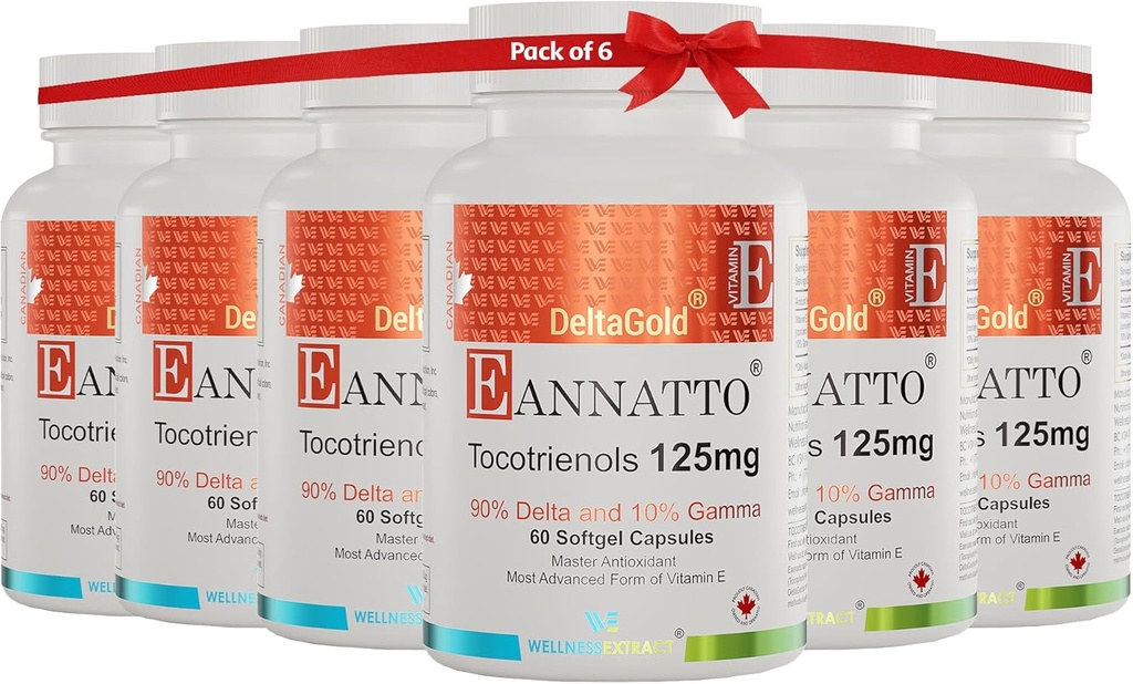 EXTRACT Eannatto Tocotrienols Deltagold 125mg, Vitamin E Tocotrienols Συμπληρώματα 60 Softgel, Tocopherol Free, Non-GMO, Gluten Free & Antioxidant (Pack of 6)