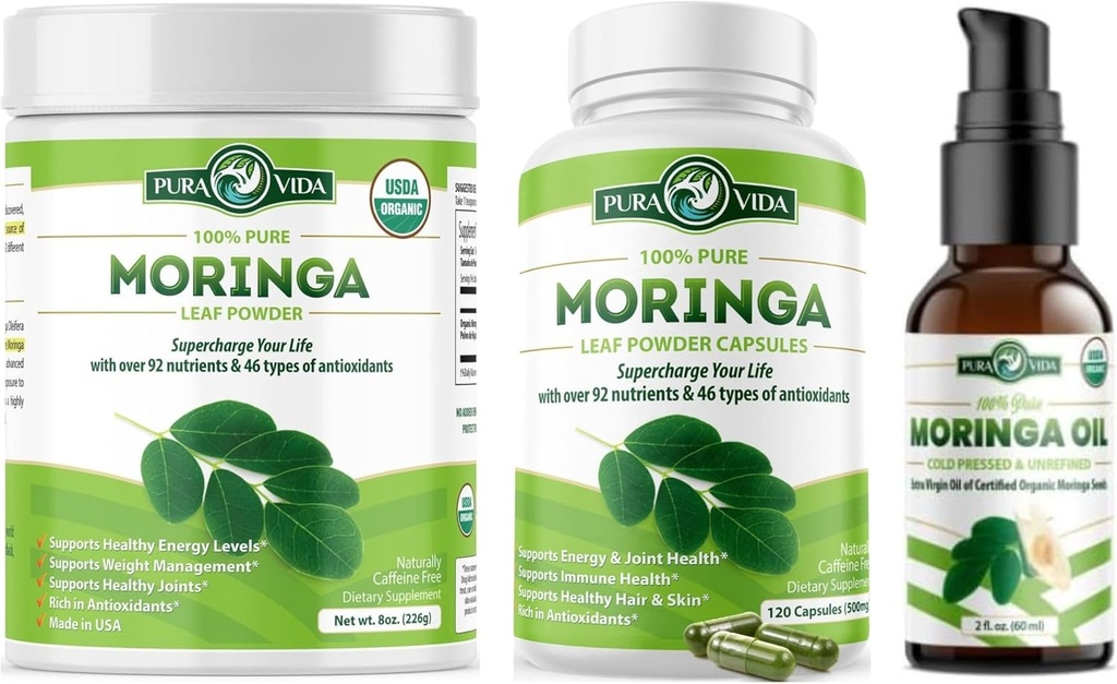 PURA VIDA MORINGA Toz 8 oz Capsules (120 Kont) ve Organik Moringa Petrol (2fl oz)