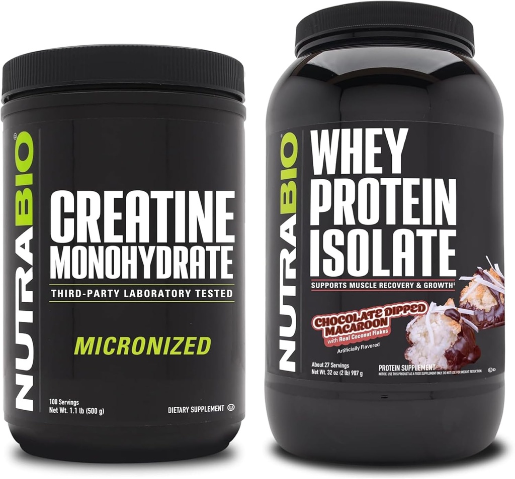 NutraBio Kretine Monohidrat, Unflavored, 500g ve Whey Protein Isolate, Chocolate Dipped Macaroon, Supplement Sche - Muscle Energy, Lean Muscle growth, Recovery, and Strength