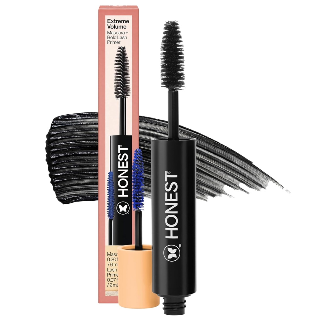 Dürüst Güzellik 2in-1 Extreme Volume Clean Mascara + Bold Lash Primer ile Castor Oil | Maksimum Cilt + Curl | Vegan + Hassas Gözler için Güvenli | Siyah, .27 fl oz
