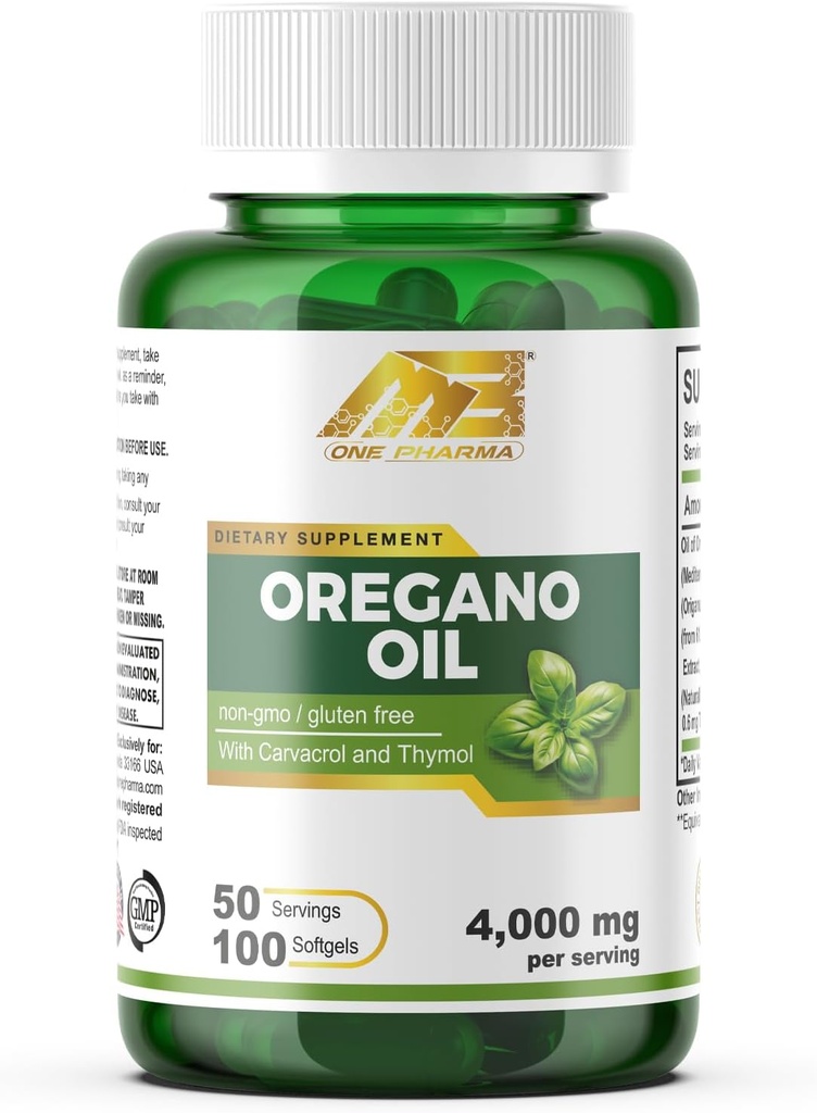MB One Oregano Oil 4000 mg- 65:1 Akdeniz Oregano'dan alıntı - Carvacrol- Extra Strength- 100 Softgels Non-GMO, Gluten Free