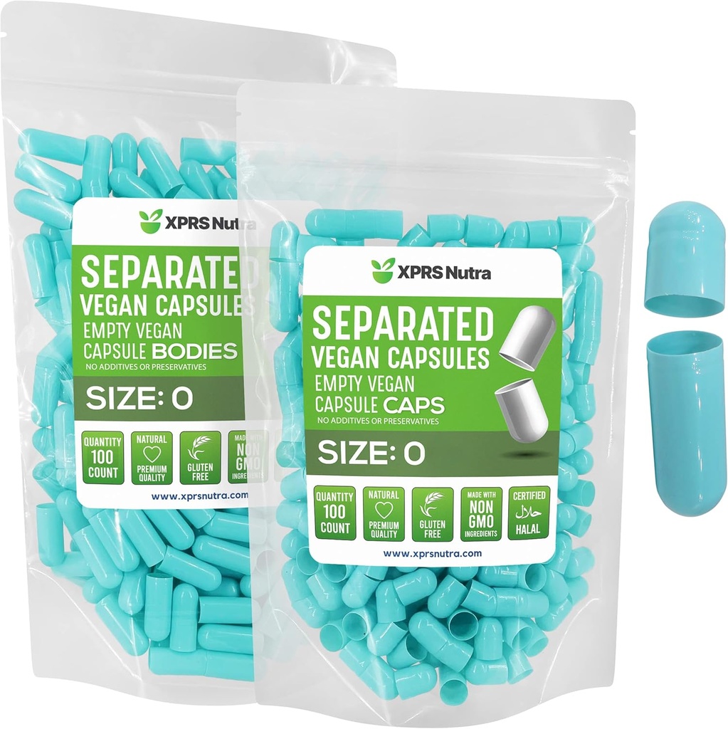 XPRS Nutra Vegan Μέγεθος 0 Χωριστές κάψουλες - 100 Count Premium Άδειες κάψουλες χωρίζονται σε τσάντες - 0 Χάπια για συμπλήρωση συμπληρώματος DIY (Aqua)