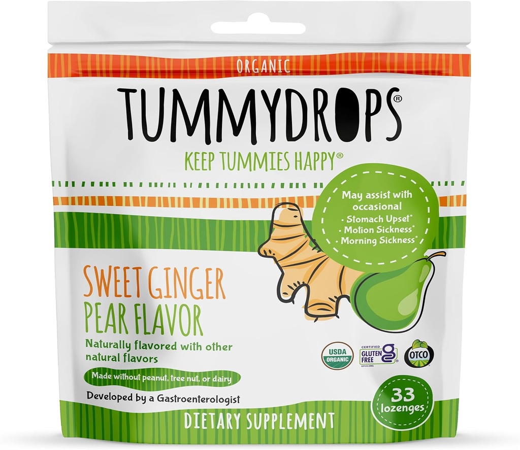 USDA Organik Tatlı Ginger Pear Tummydrops, Gluten Free & Vegan. 33 Bireysel olarak Resealable Bag'da Organik Ginger Lozenges'i sardı.