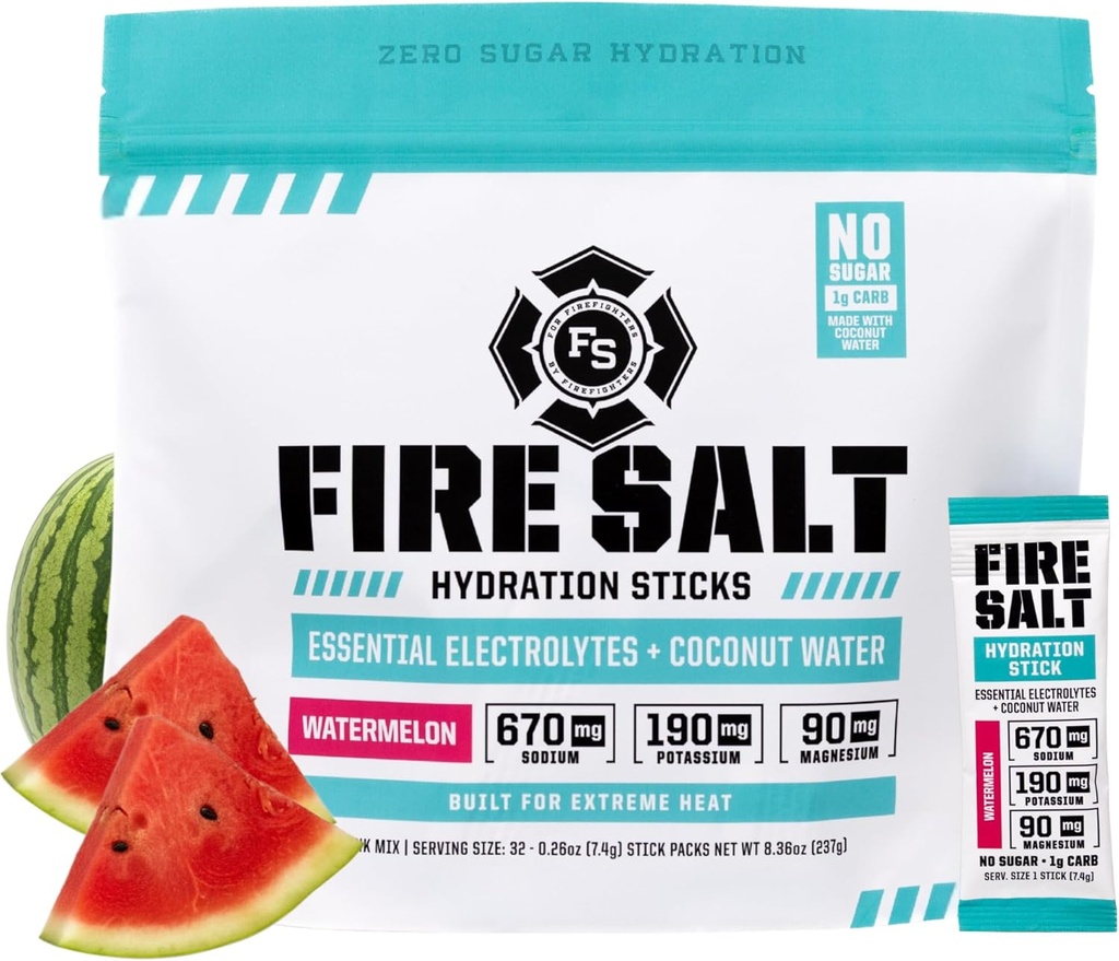 Fire Science Fire Salt Hydration Sticks, Electrolytes & Coconut Water, Hydration Drink Mix with Magnezyum, Pyum & sodyum, Zero Sugar, Single Serve On The Go Packs, Watermelon Flavor, 32 Count