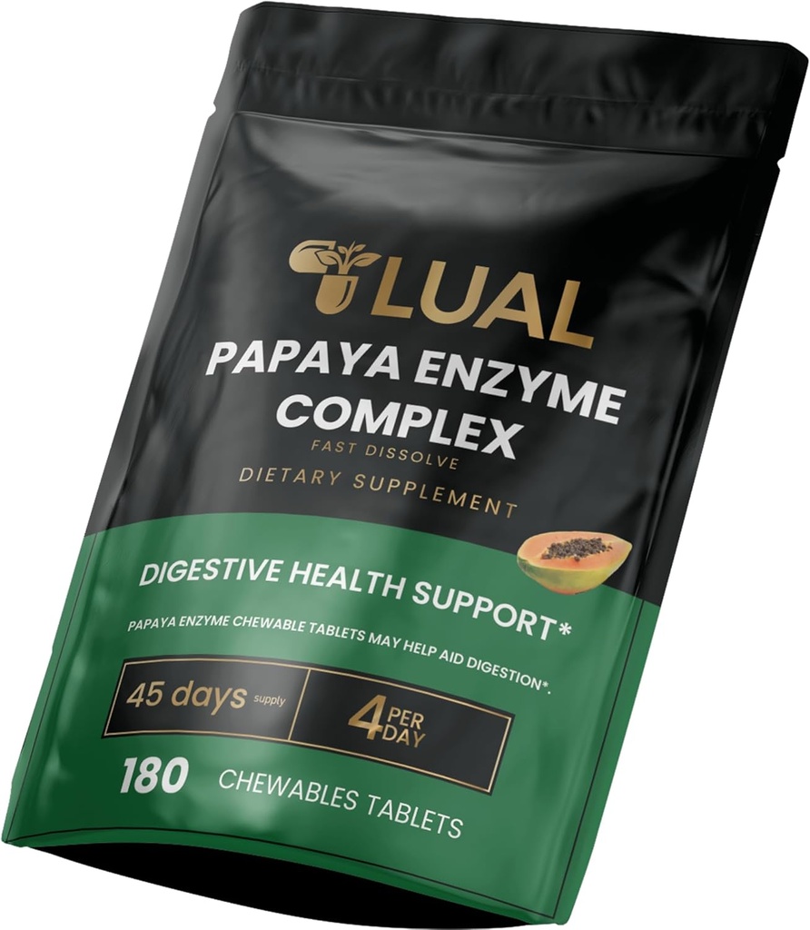 LUAL Papaya Enzyme Kompleksi - Papain, Bromelain & Digestive Enzymes - Destekler Digestion & Nutrient Abxia – Natural Papaya Flavor – 180 Count