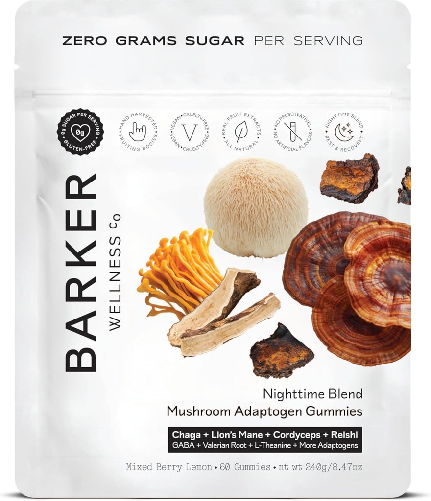 Barker Wellness Nighttime Mushroom Adaptogen Gummies – Vegan, Sugar-Free Functional Mushroom Gummies with Reishi, Lion’s Mane, Chaga, Cordyceps & Adaptogens – Non-GMO, 60 Count