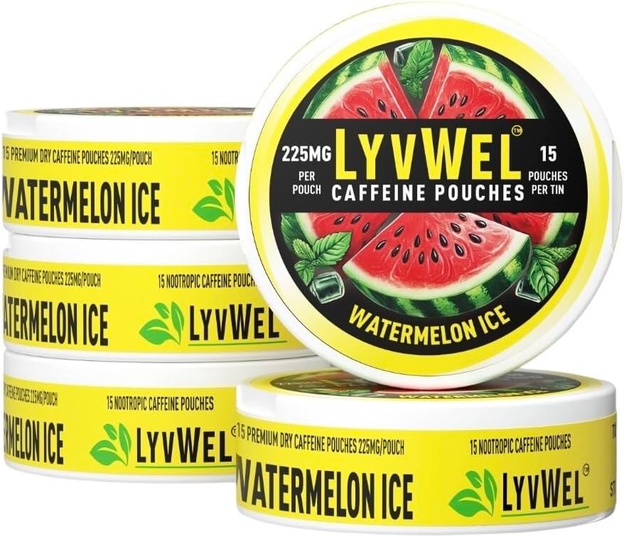 LyvWel 225mg Caffeine Energy Pouches – Καρπούζι Ice 5-Pack (75 Pouches) – Αναζωογονητική ενέργεια & εστίαση – Guarana-Ενισχυμένη καθαρή ενίσχυση για προπονήσεις & Grind