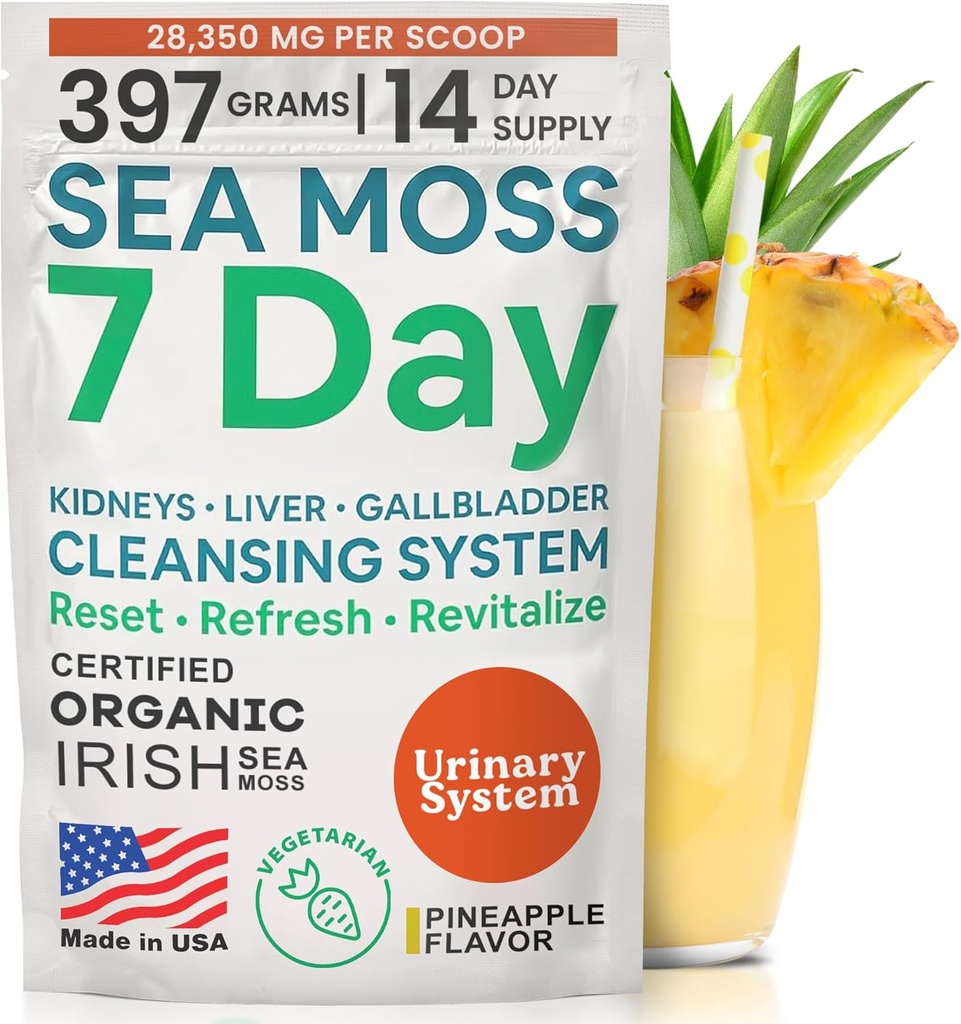 Atlantic Naturals Sea Moss 7 Day Detox Liver, Gallbladder & Kidney Cleanse - Dandelion Root ile Destek, Süt Butle, Burdock Root, Red Clover, Chanca Piedra - Pineapple Flavor Drink Mix (14 oz)