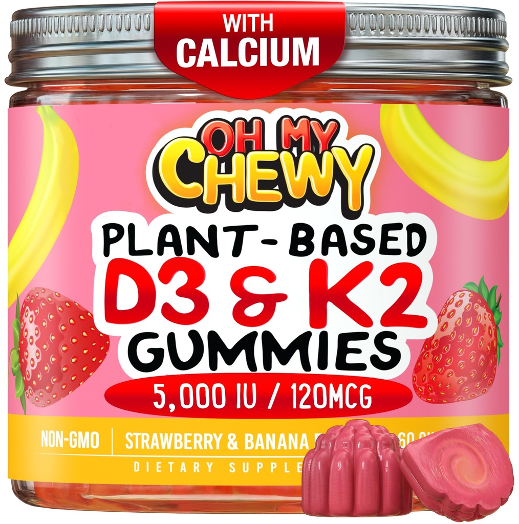Θερμοφιλημένη βιταμίνη D3 K2 Gummies - Παιδιά, Έφηβοι & Ενήλικες - Συμπλήρωμα για υγιή δόντια, οστά, ενέργεια και ανοσία - 5000 IU D3, 120 mcg K2(MK-7), 120 mg Ασβέστιο - Vegan & Non-GMO - 120 Count
