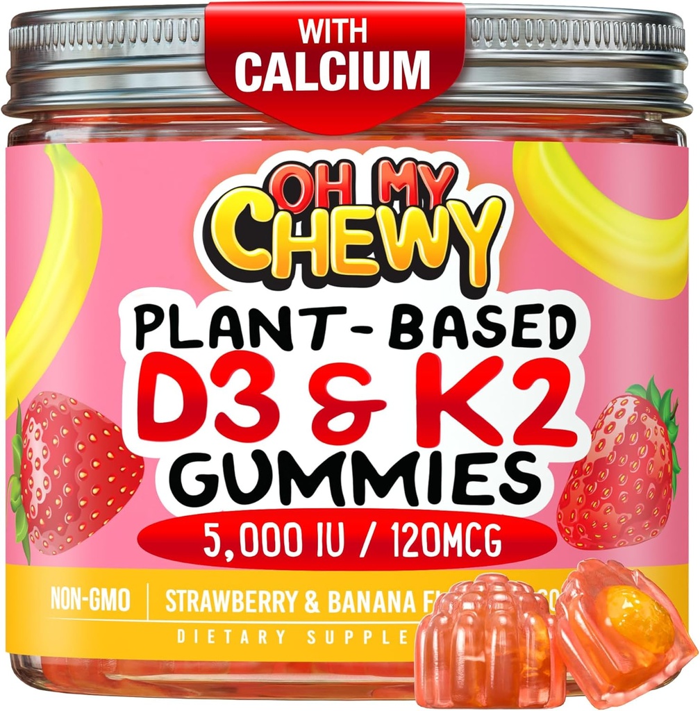 Θερμοφιλημένη βιταμίνη D3 K2 Gummies - Παιδιά, Έφηβοι & Ενήλικες - Συμπλήρωμα για υγιή δόντια, οστά, ενέργεια και ανοσία - 5000 IU D3, 120 mcg K2(MK-7), 120 mg Ασβέστιο - Vegan & Non-GMO - 120 Count