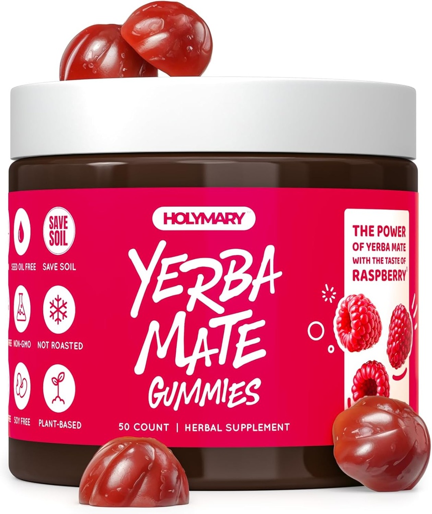 TEYMARY Yerba Mate Gummies, Raspberry Flavor - Enerji, Focus, Power Vegan, Non-GMO, Natural Materialss, Gluten Free, 50 Delicious Supplement Gummies