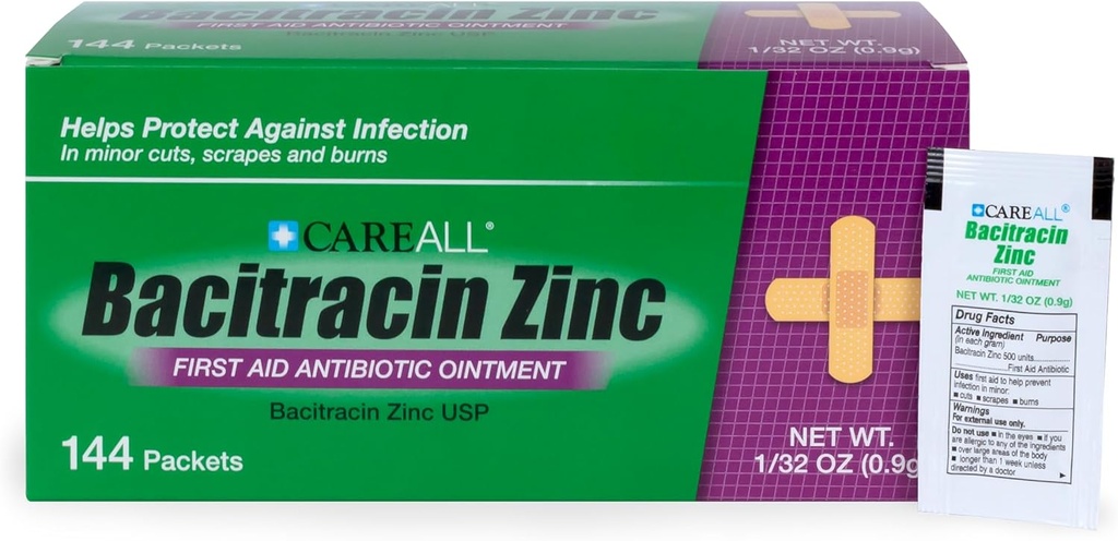 CareAll Bacitracin Αντιβιοτικό Αλοιφή ψευδαργύρου (144 Pack), 0.9gr Foil Packet. Αλοιφή Πρώτων Βοηθειών που Αποτρέπει τις Λοιμώξεις για Μικρές Περικοπές, Σκραπ και Έγκαυμα