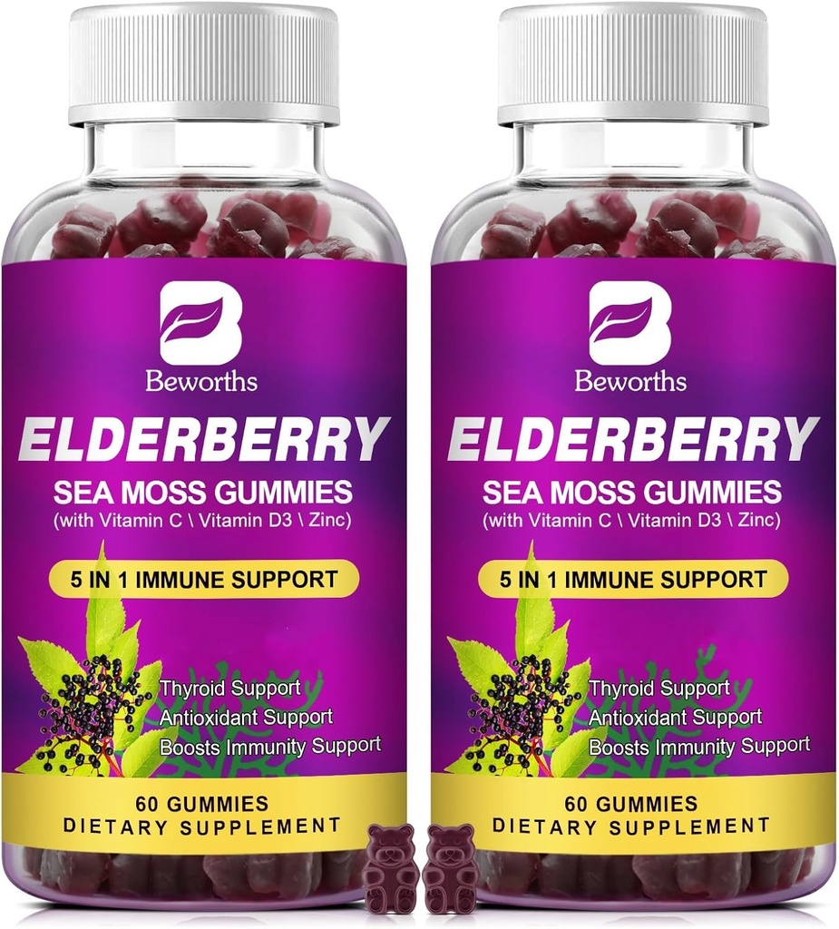 (2 Pack Elderberry Gummies & Irish Sea Moss, Organik Sambucus Elderberry Gummy with Seamoss, çinko, C, D3, Multivitamin Yaşlı Vitaminleri - Sugar-Freevitamin Elder