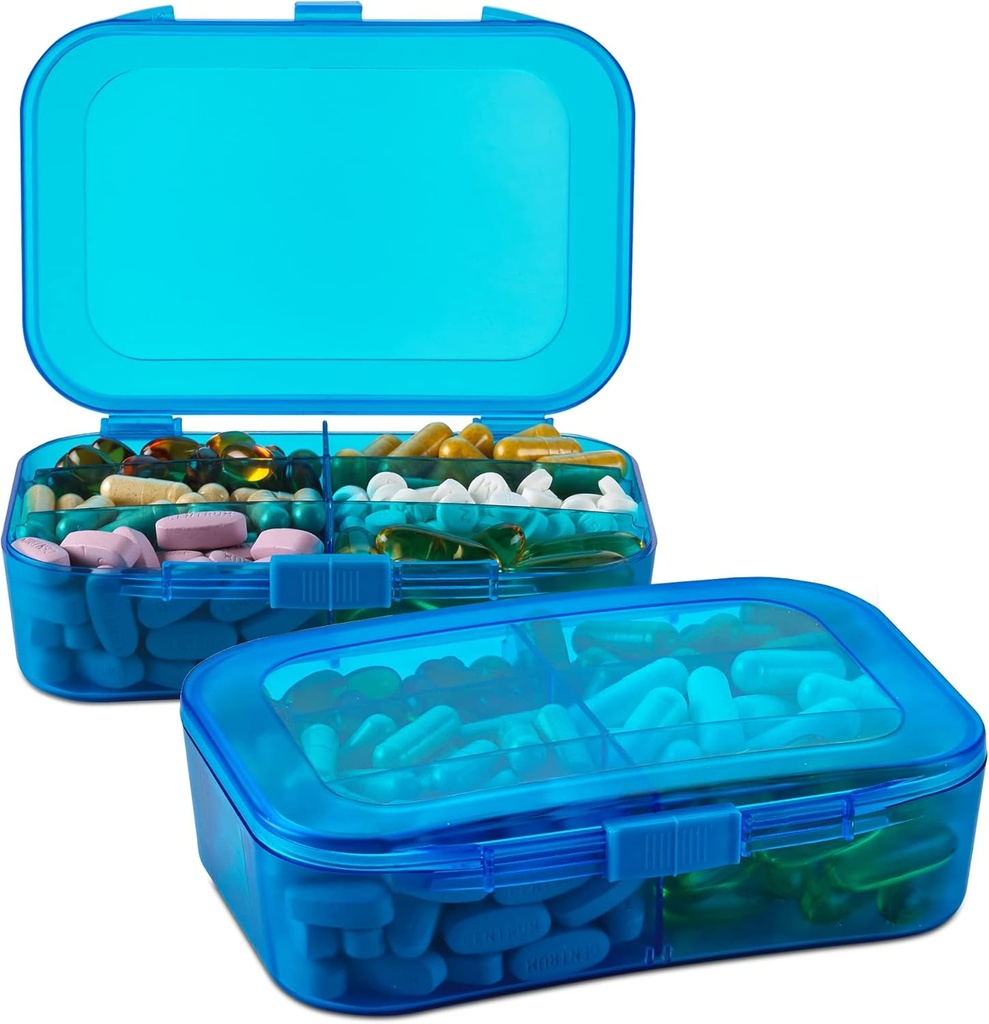 Pill Organizer Case - (Pack of 2) Portre 6 Karşılaştırma Günlük Seyahat Hekimliği Pilleri, İlaçlarınız, Tamamlar, Vitaminler ve Balık Yağları, Blue