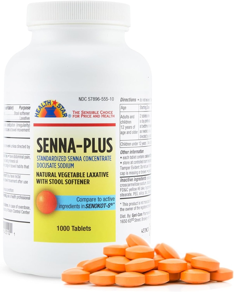 Health Star Senna Plus Laxative & Stool Softener Tablets 50mg / 8.6mg Strength Natural Vegetable Stimulant Laxative| Gentle Constipation Relief| Docusate Sodium for Bowel Movement (1,000 Tablets