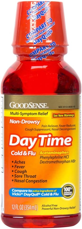 GoodSense Daytime Cold & Flu Multi-Symptom Relief, Non-Drowsy, Effective Relief for Fever, Sore Throat, Cough, Nasal Congestion, 12 Fl Oz