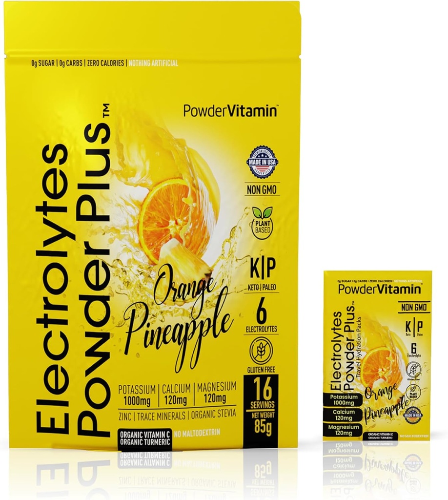 PowderVitamin Electrolytes Powder Plus, Keto, Orange Pineapple, Sugar Free, Pink Himalayan Salt, 1000mg Potassium, 120mg Calcium, 120mg Magnesium, Non-GMO, Zero Calories, (16 Hydration Packets)