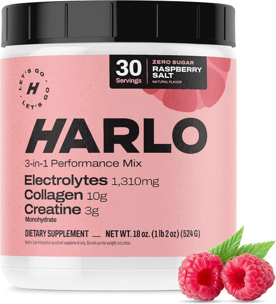 Harlo - Raspberry Salt Electrolyte Drink Mix with Bovine Collagen & Tinatine- Kretine Monohidrat Toz - Enerji İçecek Toz - Pre Workout Toz - Sugar Free Energy Drinks - Post Workout Recovery