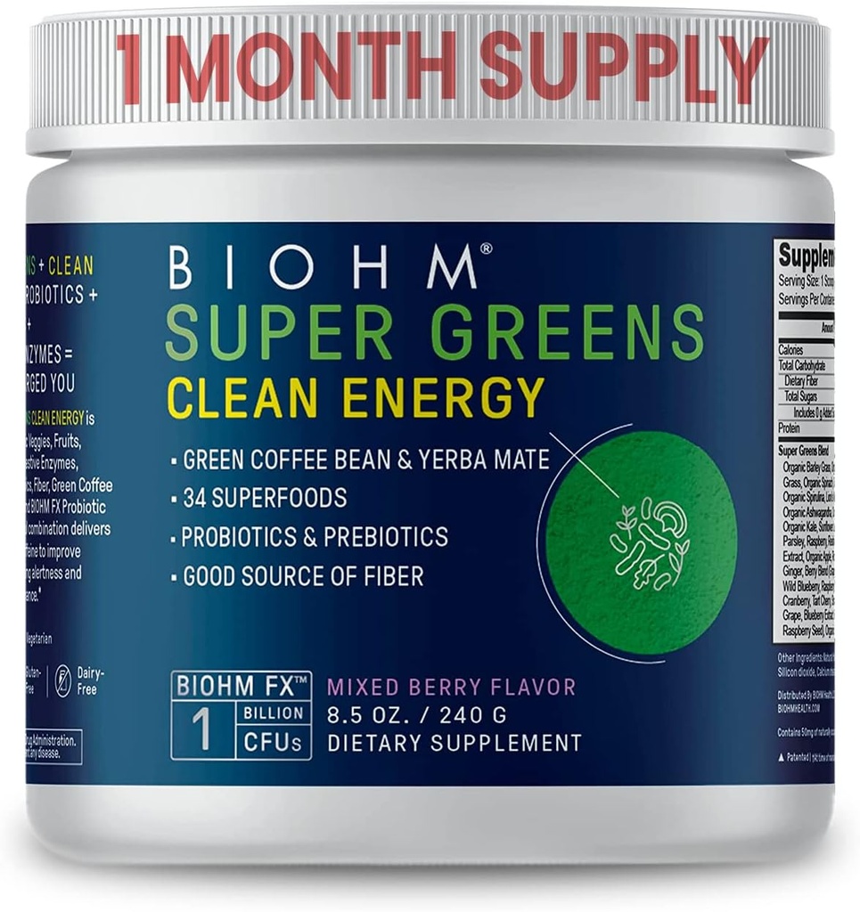 BIOHM Super Greens Clean Energy, Green Superfood Toz (8.5 Oz, 30 Hizmet) Gut Health & Cognition, 34 Doğal Meyve, Sebze & Enbal Türleri, Probiyotiks & Enzymes