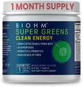 BIOHM Super Greens Clean Energy, Green Superfood Powder (8.5 Oz, 30 Servings) Υποστηρίζει την υγεία και τη γνώση των ούρων, 34 φυσικά φρούτα, λαχανικά και βότανα εκχυλίσματα με προβιοτικά, προβιοτικά και ένζυμα