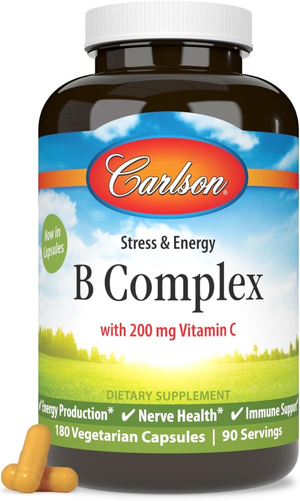 Carlson - B Kompleks B Vitaminleri C - Stres, Enerji ve Immune Vitamin B Kompleks Kadınlar ve Erkekler için - 180 Vegetarian Capsules