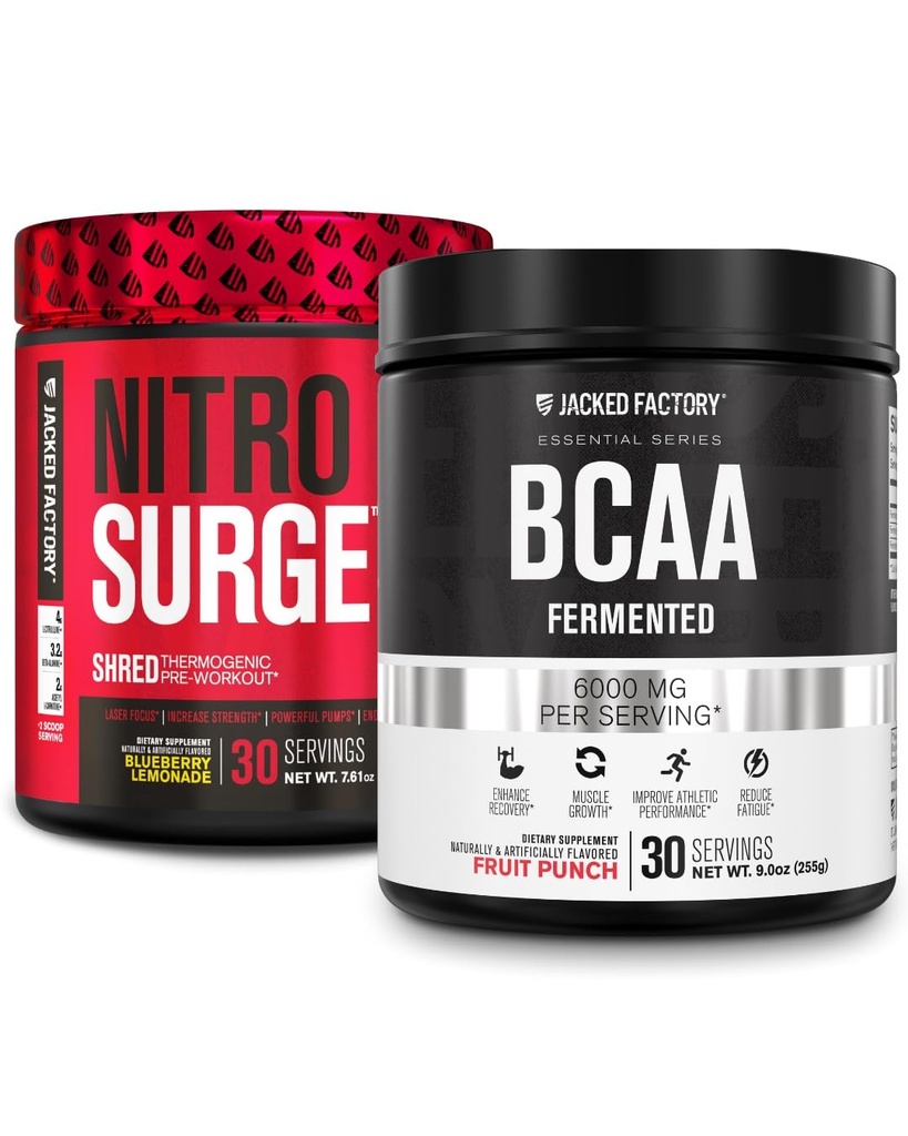 Jacked Factory Nitrosurge Shred Θερμογόνος προ-εξάσκηση σε Blueberry Λεμονάδα & BCAA σε Fruit Punch για την ανασύνθεση του σώματος, οικοδόμηση μυών και ανάκτηση