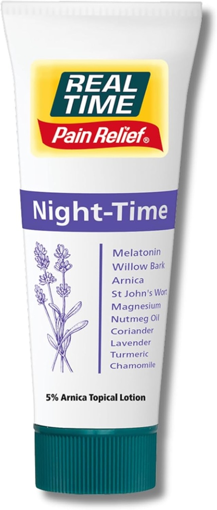 Real Time Pain Relief Night Time Cream 4oz Tube - 22 Φυσικά Συστατικά: 5% Arnica, Melatonin & Lavender - Βοηθά στον ύπνο και την χαλάρωση στις αρθρώσεις, τους μυς, τα νεύρα, τους πόνους πίσω, τις μελανιές και την ένταση του σώματος