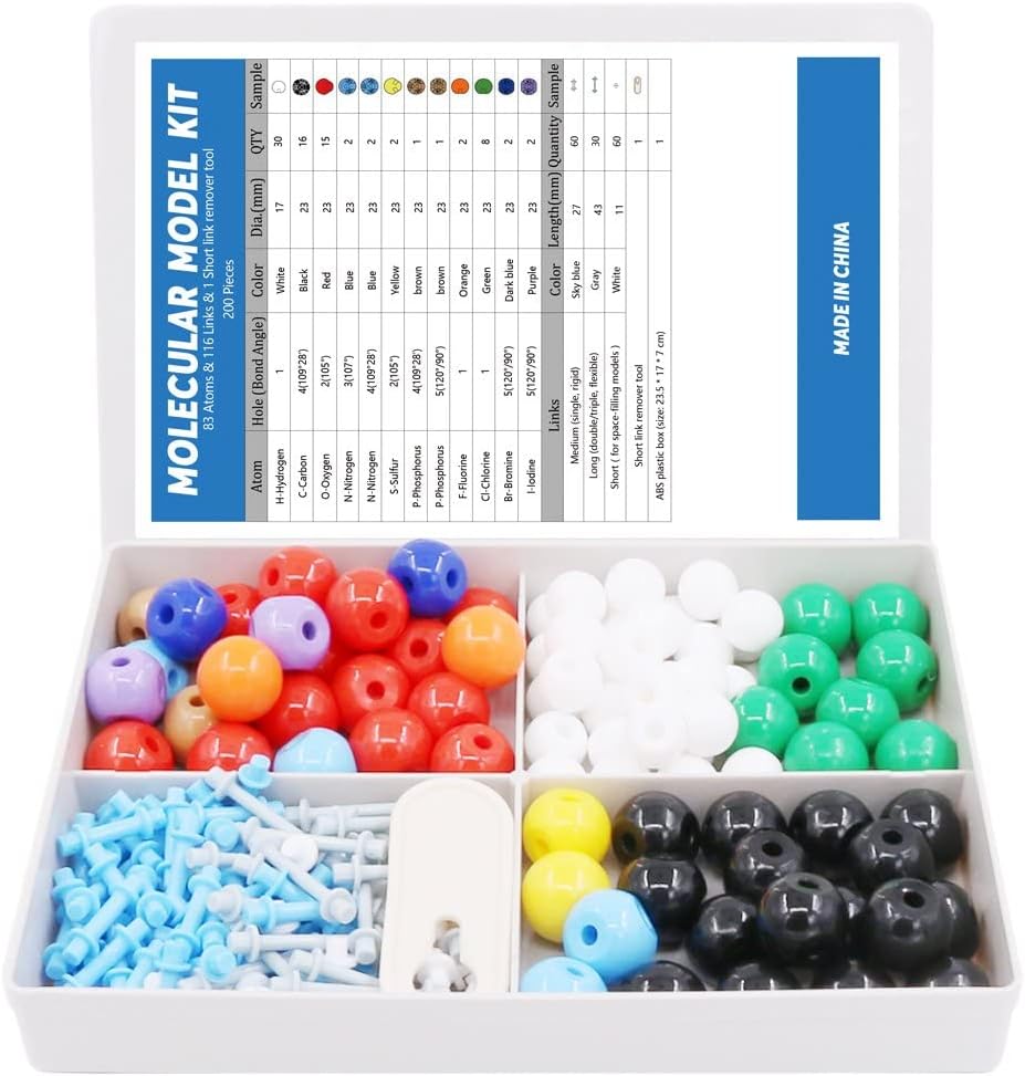 Organik ve Inorganik Kimya için 200 Adet Moleküler Model Kit, Kimya Moleküler Model Öğrenci ve Öğretmen Setleri - 83 Atom ve 116 Bağlantı & 1 Kısa Link Kaldırma Aracı