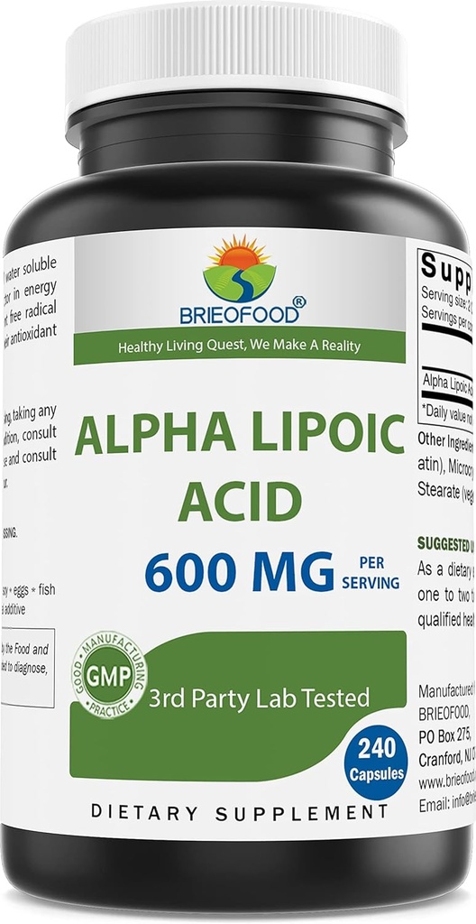 Brieofood Alpha Lipoic Acid 600 mg per Service - 240 Capsules - Non-GMO, Gluten Free Free