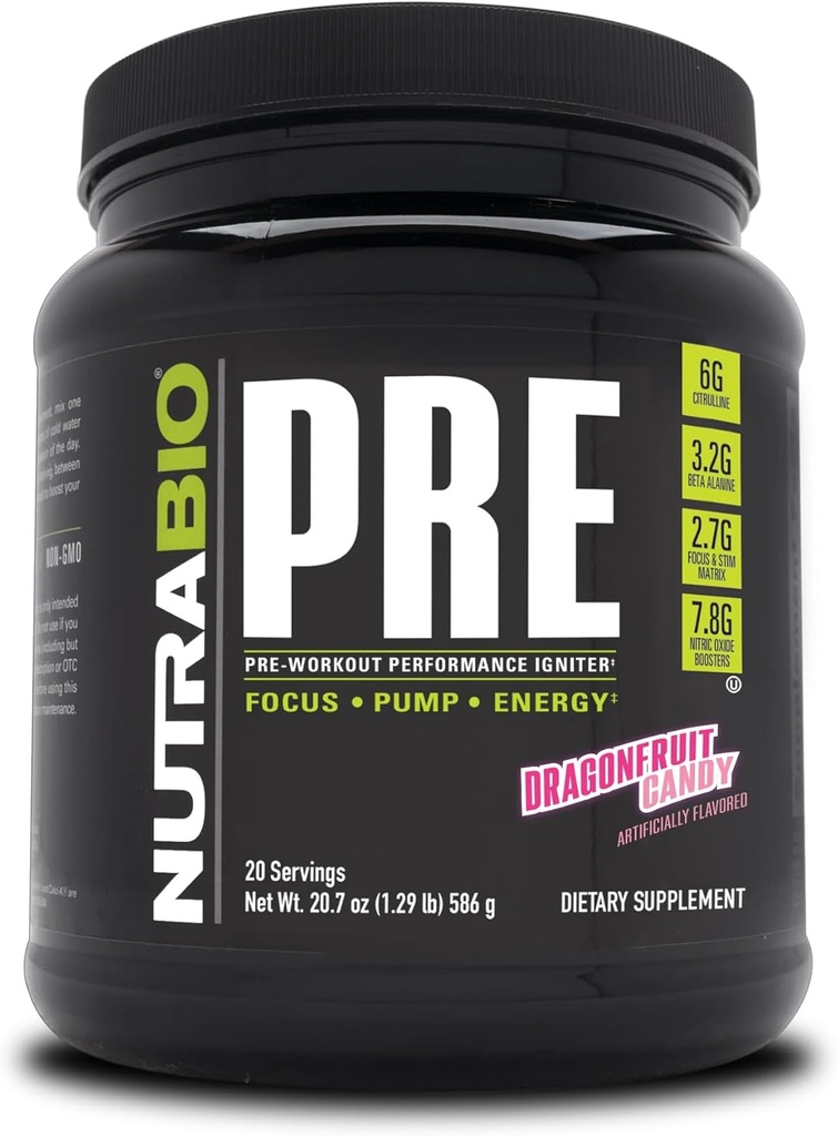 NutraBio PRE workout powder - Παλιά Formula- Παρατεταμένη ενέργεια, ψυχική εστίαση, αντοχή - Beta Alanine, Creatine, καφεΐνη, ηλεκτρολύτες - 20 εξυπηρετούν - Dragonfruit Candy