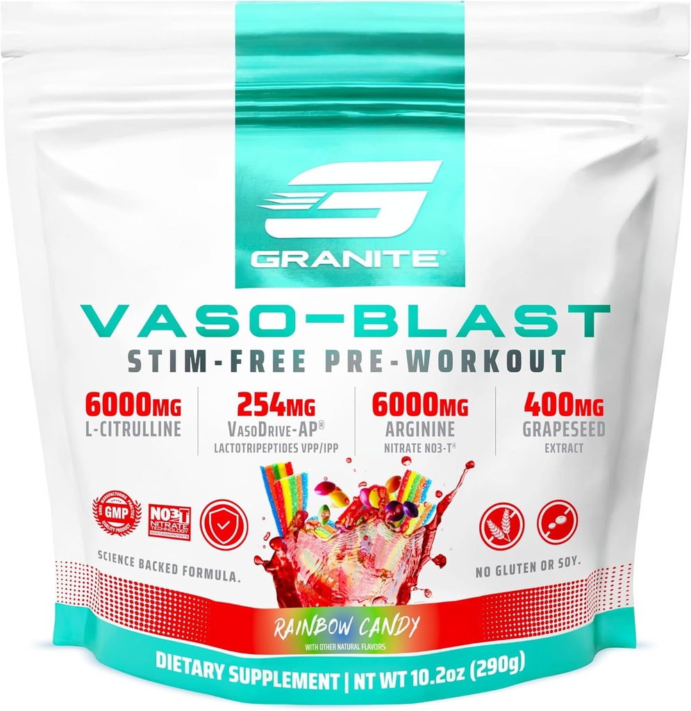Granite Supplements Vaso Blast, Rainbow Candy Flavor, Stimulant-Free Pre Workout for Men & Women with Grapeseed Extract, Arginine Nite, & VasoDrive-AP for Max Pump (20 hizmet)