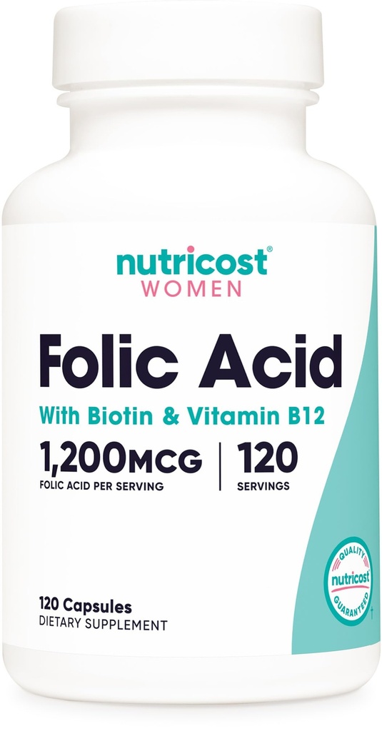 Kadınlar için Nutricost Folic Asit (Vitamin B9) 1200 mcg, 120 Capsules, B12 ve Biotin ile Veggie Caps, Non-GMO & Gluten Free