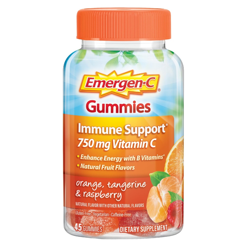 Emergen-C 750 Yetişkin Için C Gummies, B Vitaminleri, Gluten Free, Orange, Tangerine ve Raspberry Flavors - 45 Count