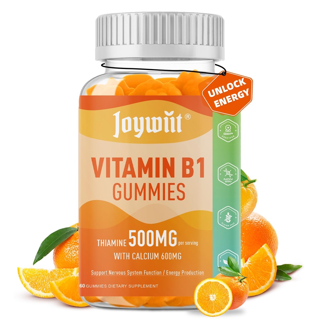 Βιταμίνη B1 Gummies 500mg, Chewable Thiamine B1 συμπλήρωμα για ενήλικες, με 600mg Κιτρικό ασβέστιο, Σύστημα Υποστήριξης Νευρικού, Vegan, Φυσικό άρωμα πορτοκαλιού